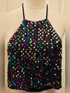 Y2K Bear Dance Multi Color Sequins & Fringe Halter Top.